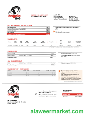 Angola LNG proof of address business utility bill template in Word and PDF format